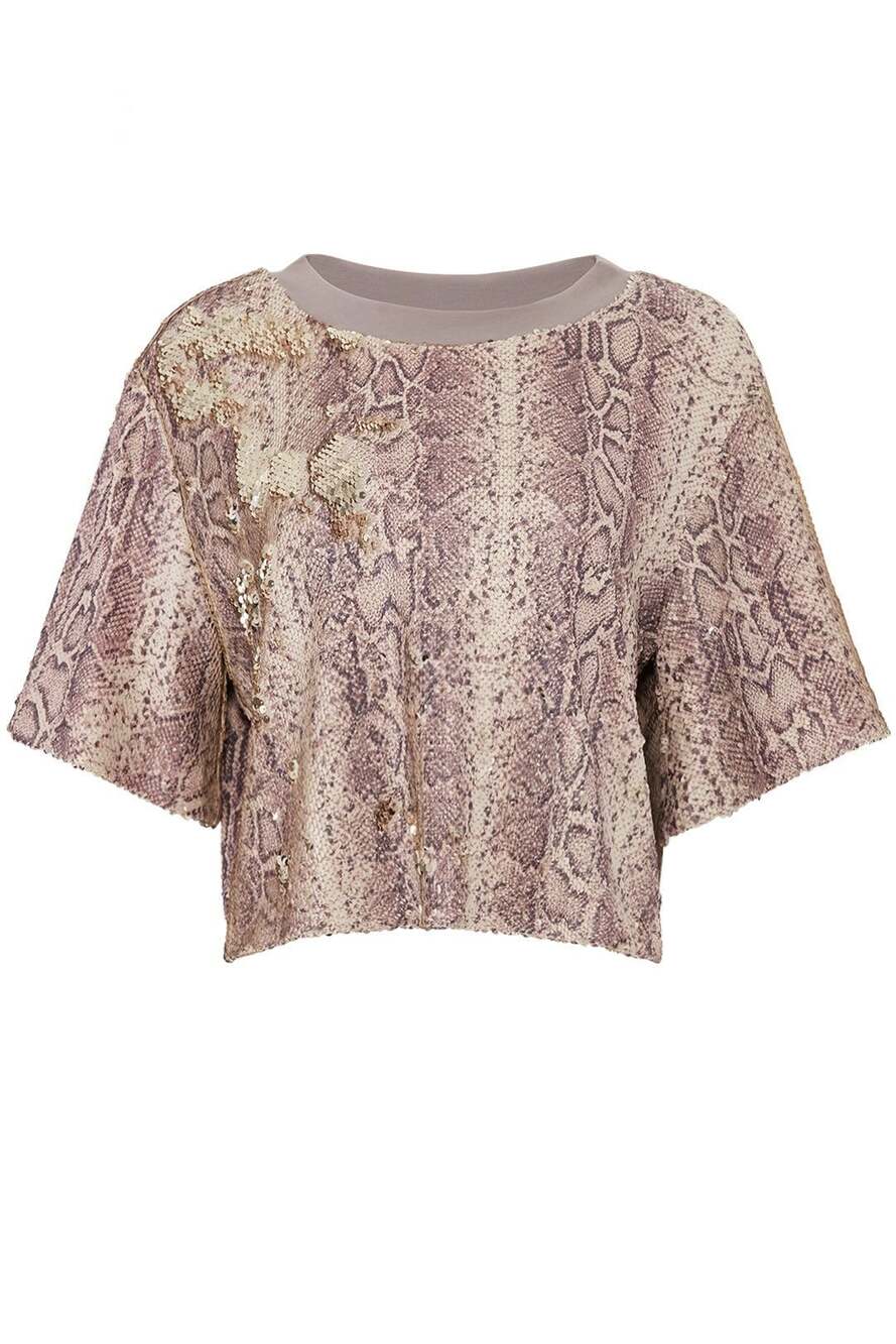 Ramy Brook Snakeskin Sequin Short Sleeve Crop Top